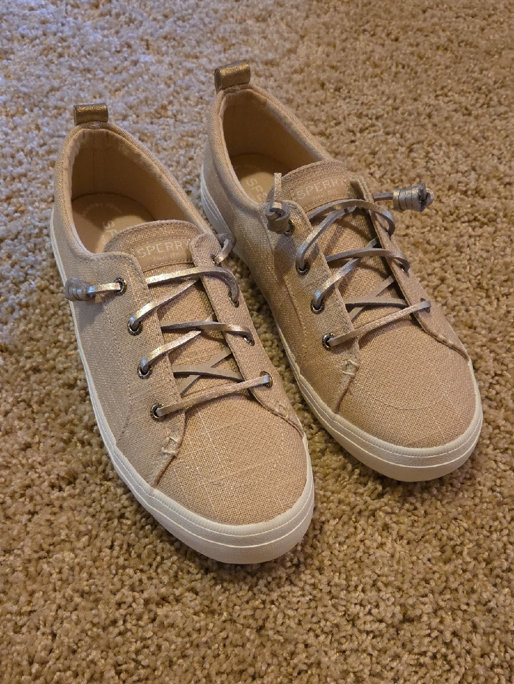 Sperry Beige Linen Low-Top Sneakers with Metallic Accents